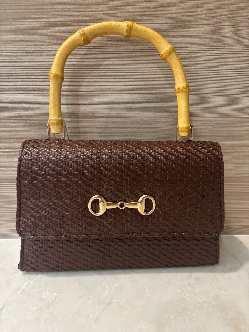 NWT Tommy Bahama chocolate brown woven handbag with bamboo handle